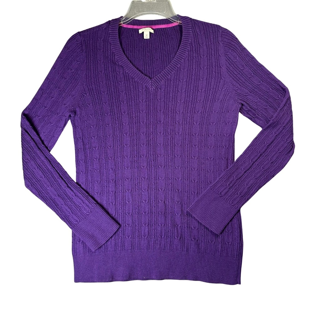 Sonoma Life + Style Cable Knit Ribbed V-Neck Sweater Preppy Classic Purple Med